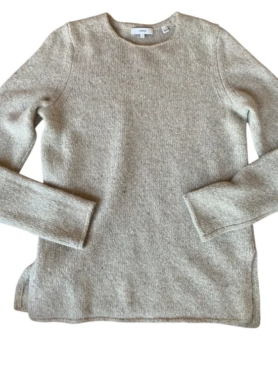 VINCE Cashmere Sweater Medium Beige Oatmeal Crewneck Minimalist Oversized Split - Picture 7 of 11